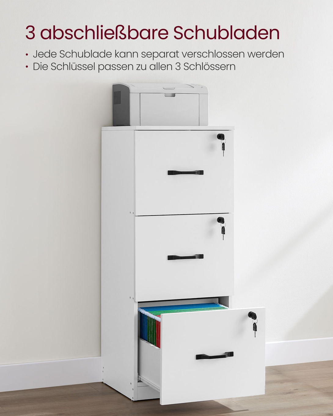 Dosar cu 3 sertare, Dosar home office, cu 3 sertare blocabile, alb
