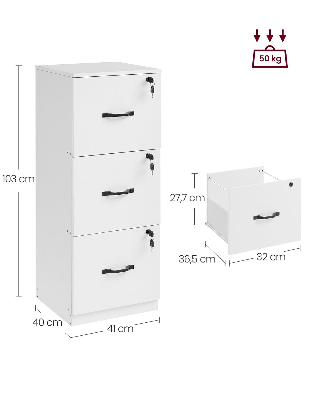 Dosar cu 3 sertare, Dosar home office, cu 3 sertare blocabile, alb