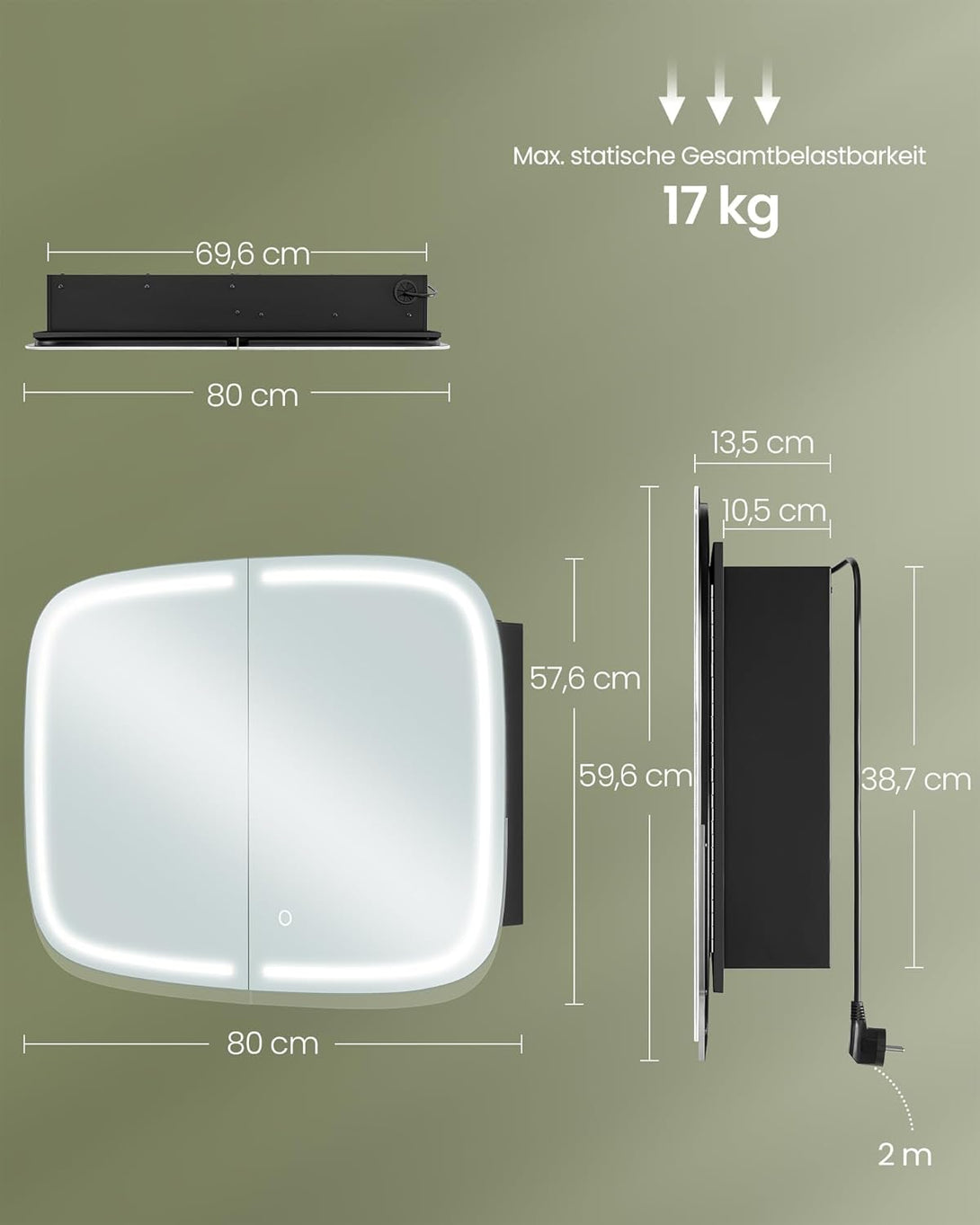 Dulap cu oglinda cu iluminare ,2 porturi usb ,2 rafturi reglabile , negru