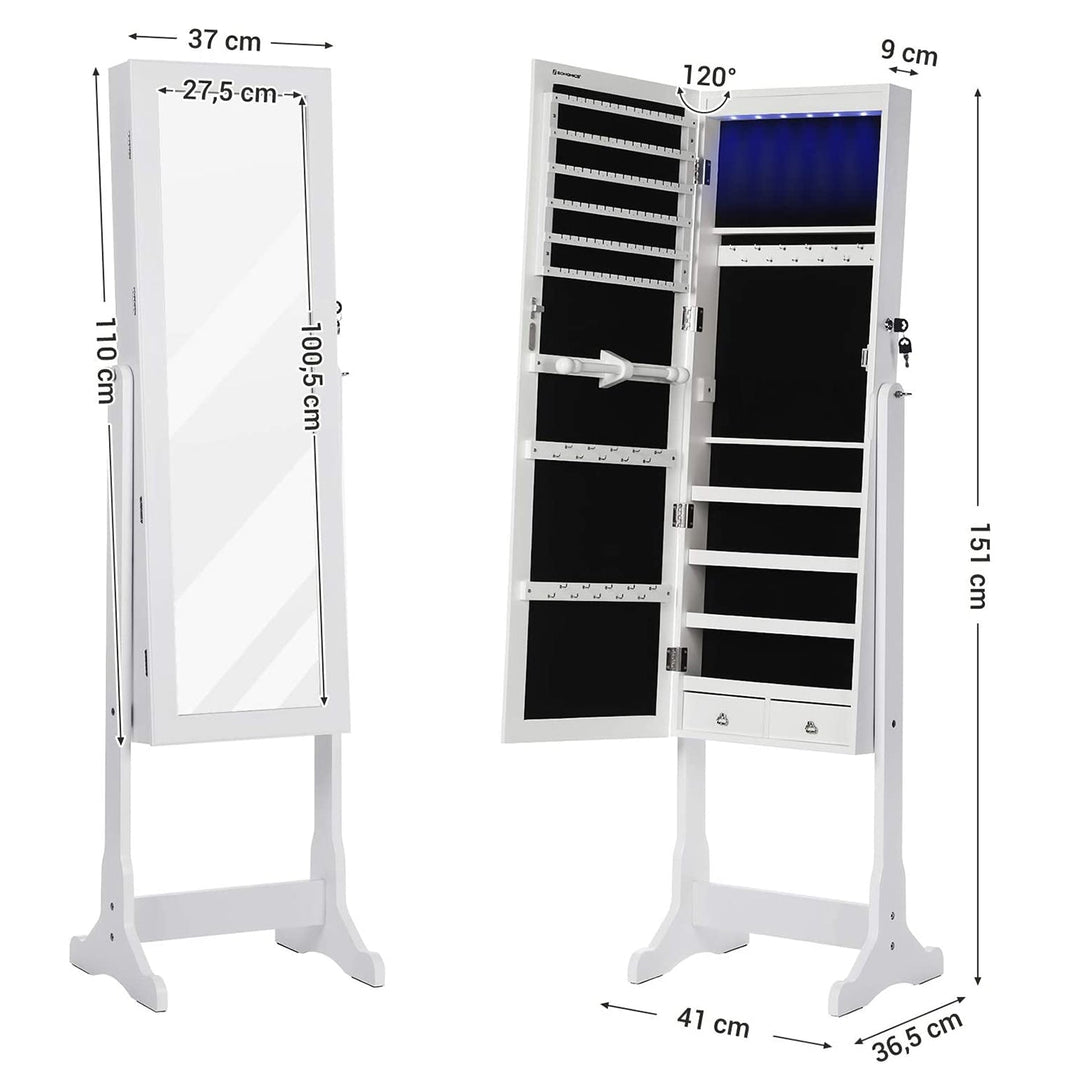 Dulap de bijuterii cu iluminare LED cu oglinda, suport de bijuterii incuiabil cu 2 sertare, alb