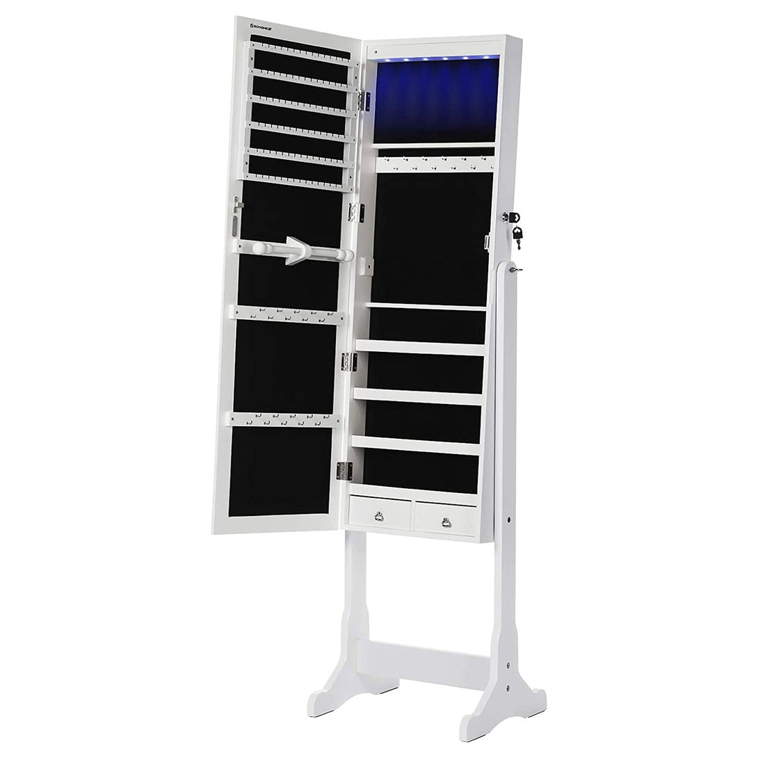 Dulap de bijuterii cu iluminare LED cu oglinda, suport de bijuterii incuiabil cu 2 sertare, alb