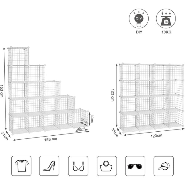 Dulap de depozitare din plasă metalică cu 16 celule, dulap și sistem modular de rafturi, alb