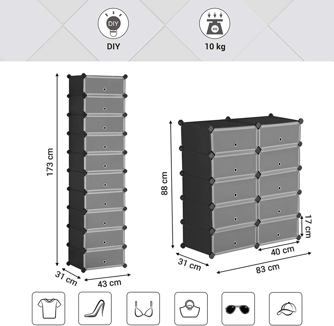 Dulap pantofi cu 10 compartimente, sistem modular de depozitare din plastic cu usa, negru
