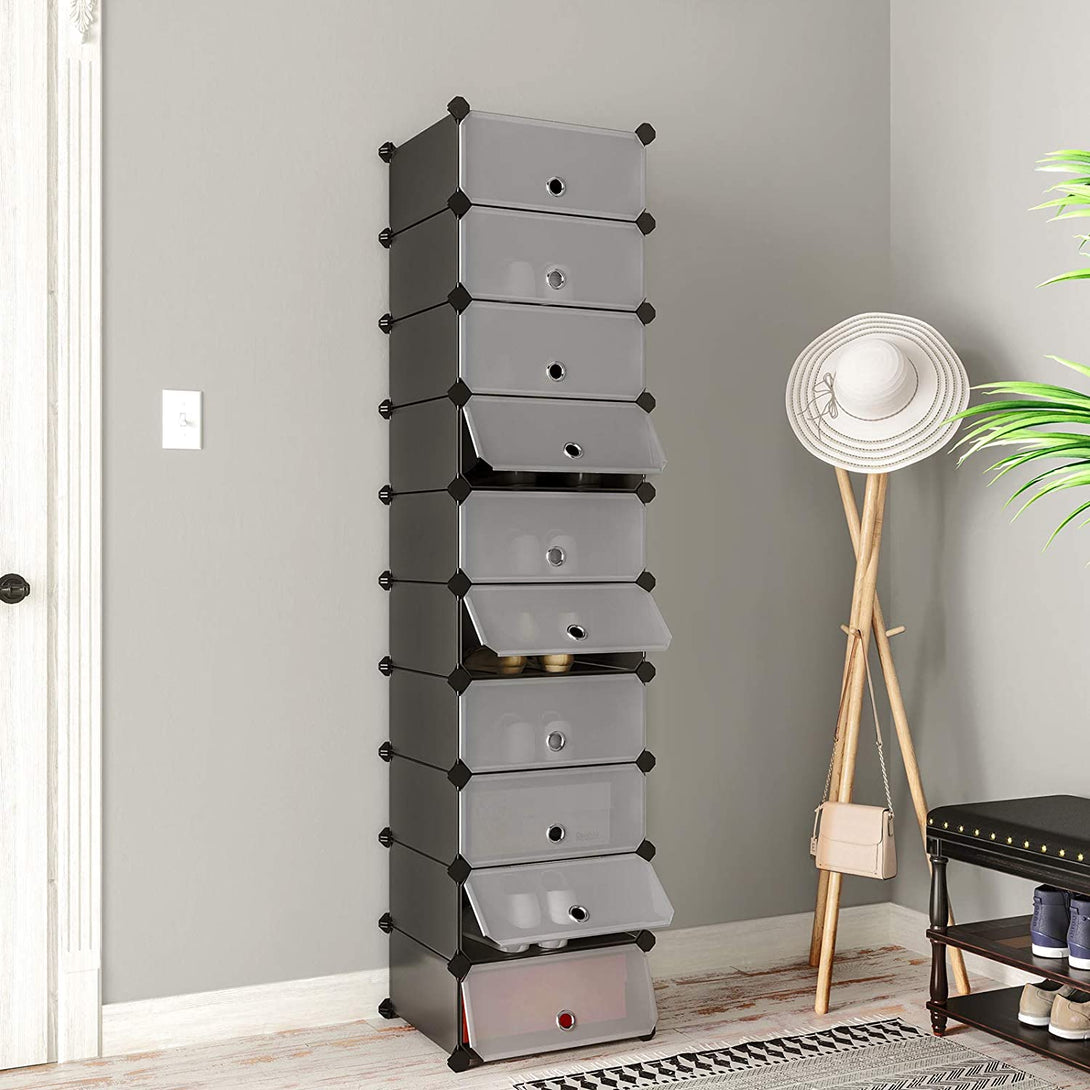Dulap pantofi cu 10 compartimente, sistem modular de depozitare din plastic cu usa, negru