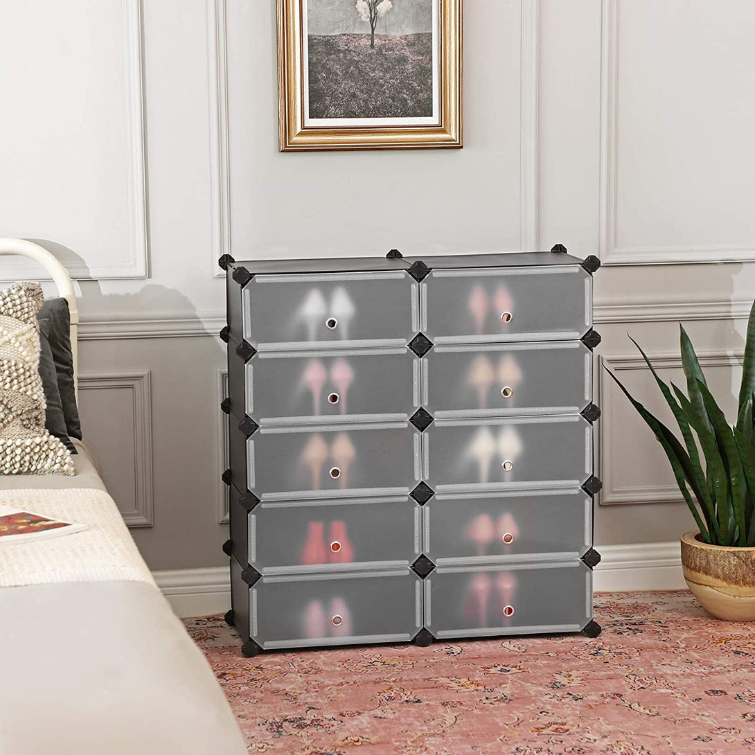 Dulap pantofi cu 10 compartimente, sistem modular de depozitare din plastic cu usa, negru