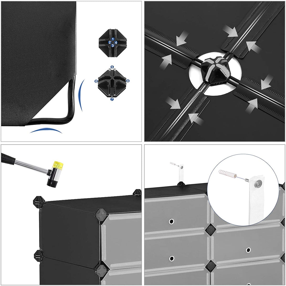 Dulap pantofi cu 10 compartimente, sistem modular de depozitare din plastic cu usa, negru