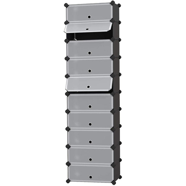 Dulap pantofi cu 10 compartimente, sistem modular de depozitare din plastic cu usa, negru