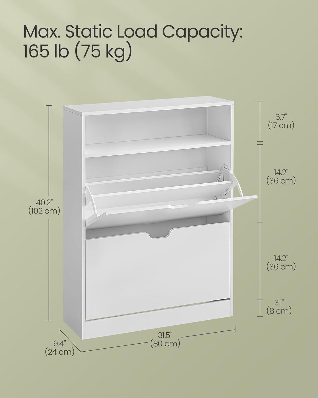 Dulap pantofi cu 2 uși cu balamale, suport pentru pantofi pe 3 niveluri, 24 x 80 x 102 cm, alb