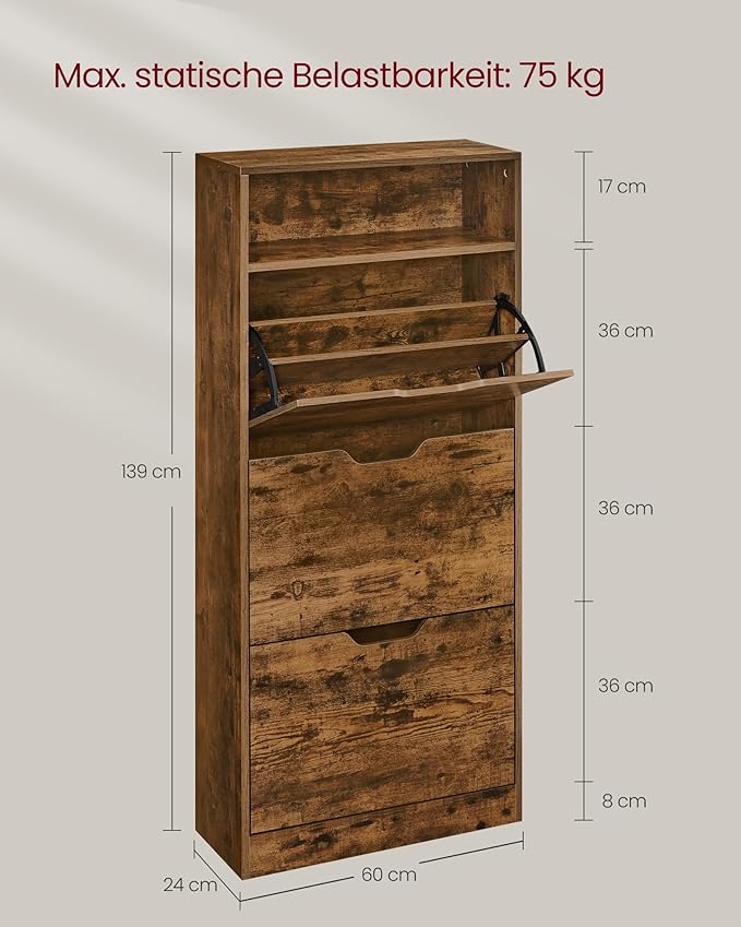 Dulap pantofi cu 3 compartimente 24 x 60 x 139 cm, maro vintage