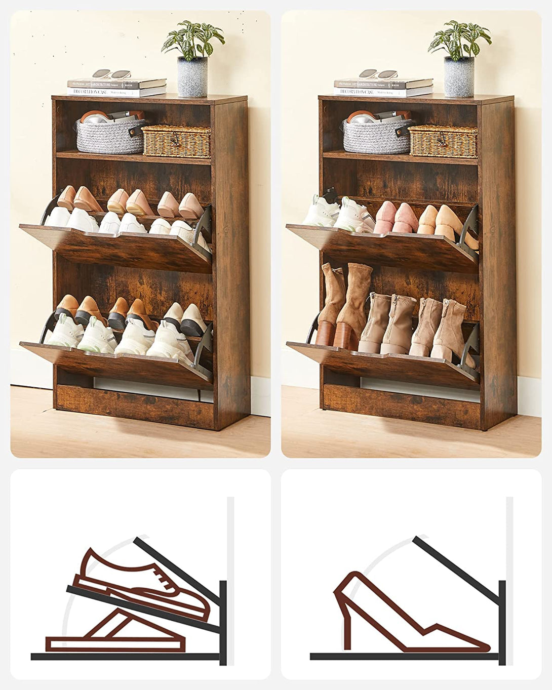 Dulap pantofi, suport pentru pantofi pe 3 niveluri, maro rustic
