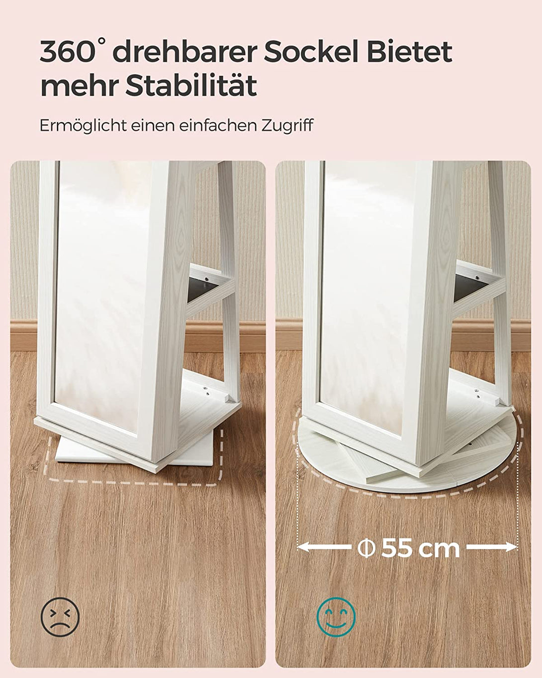 Dulap pentru bijuterii Dulap cu oglindă rotativ 360° culoare lemnului gri deschis