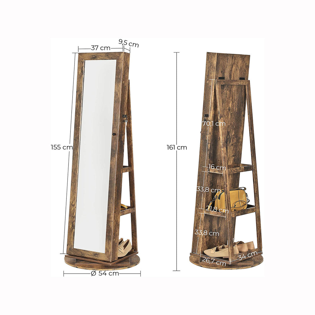 Dulap pentru depozitarea bijuteriilor, cu oglindă pe toată lungimea, rotativ la 360°, cu rafturi, maro rustic