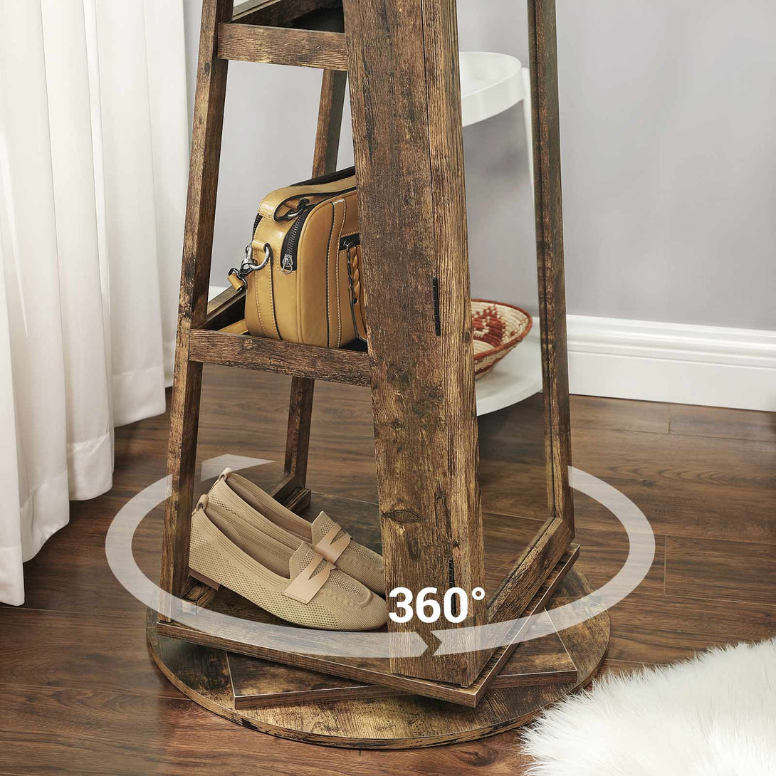 Dulap pentru depozitarea bijuteriilor, cu oglindă pe toată lungimea, rotativ la 360°, cu rafturi, maro rustic