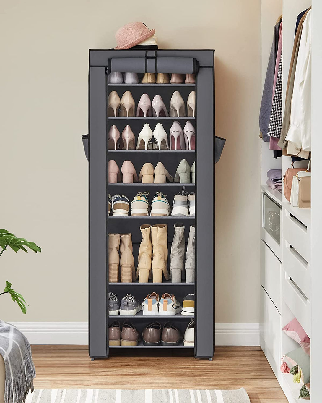 Dulap textil pentru pantofi cu 10 niveluri, gri