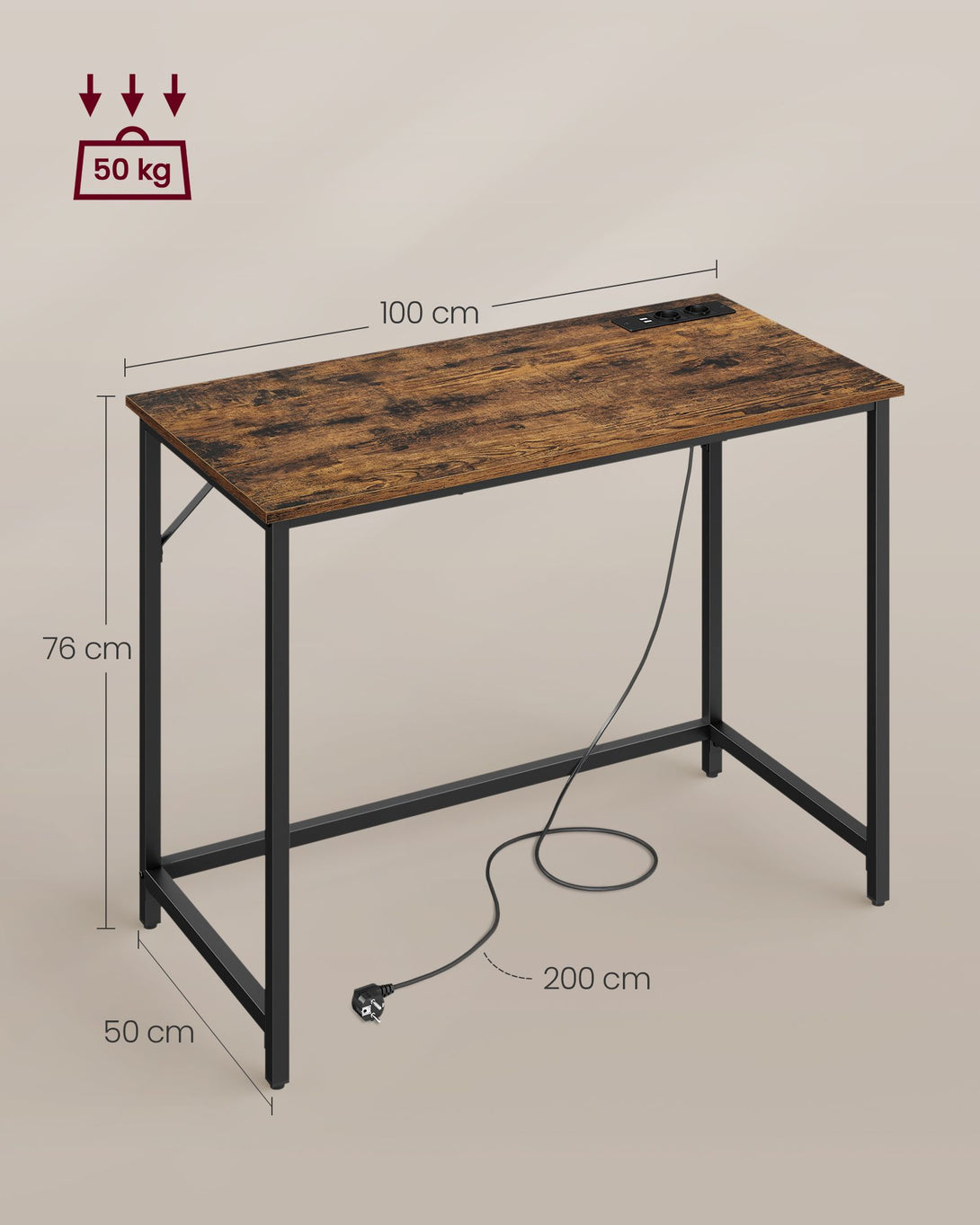Masa birou, masa calculator cu lumini LED, 50x100 cm, rustic maro-negru