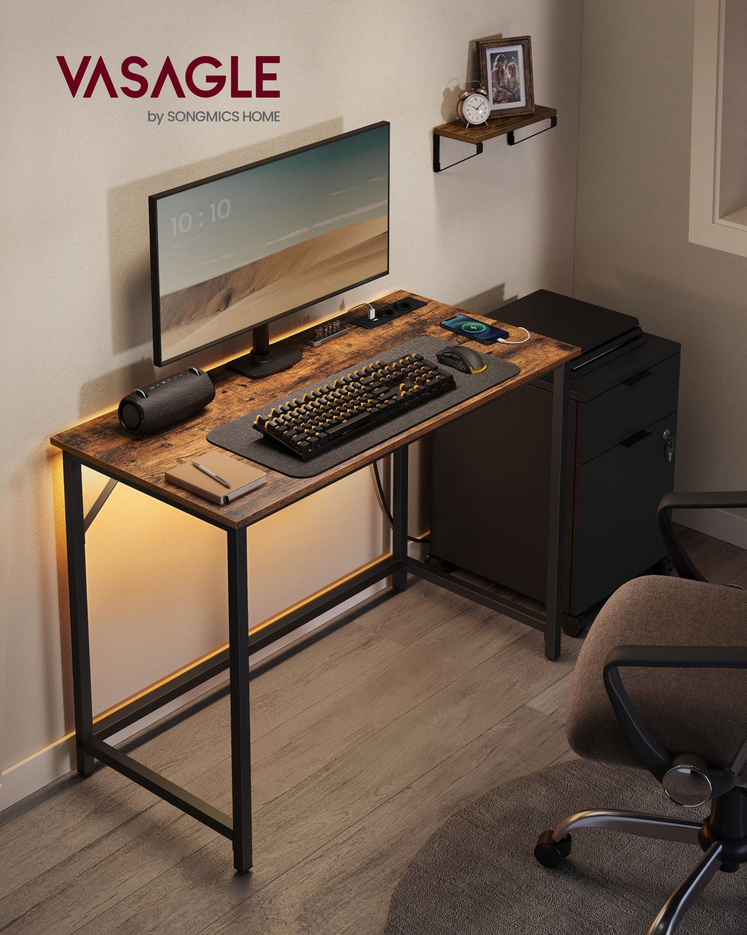 Masa birou, masa calculator cu lumini LED, 50x100 cm, rustic maro-negru