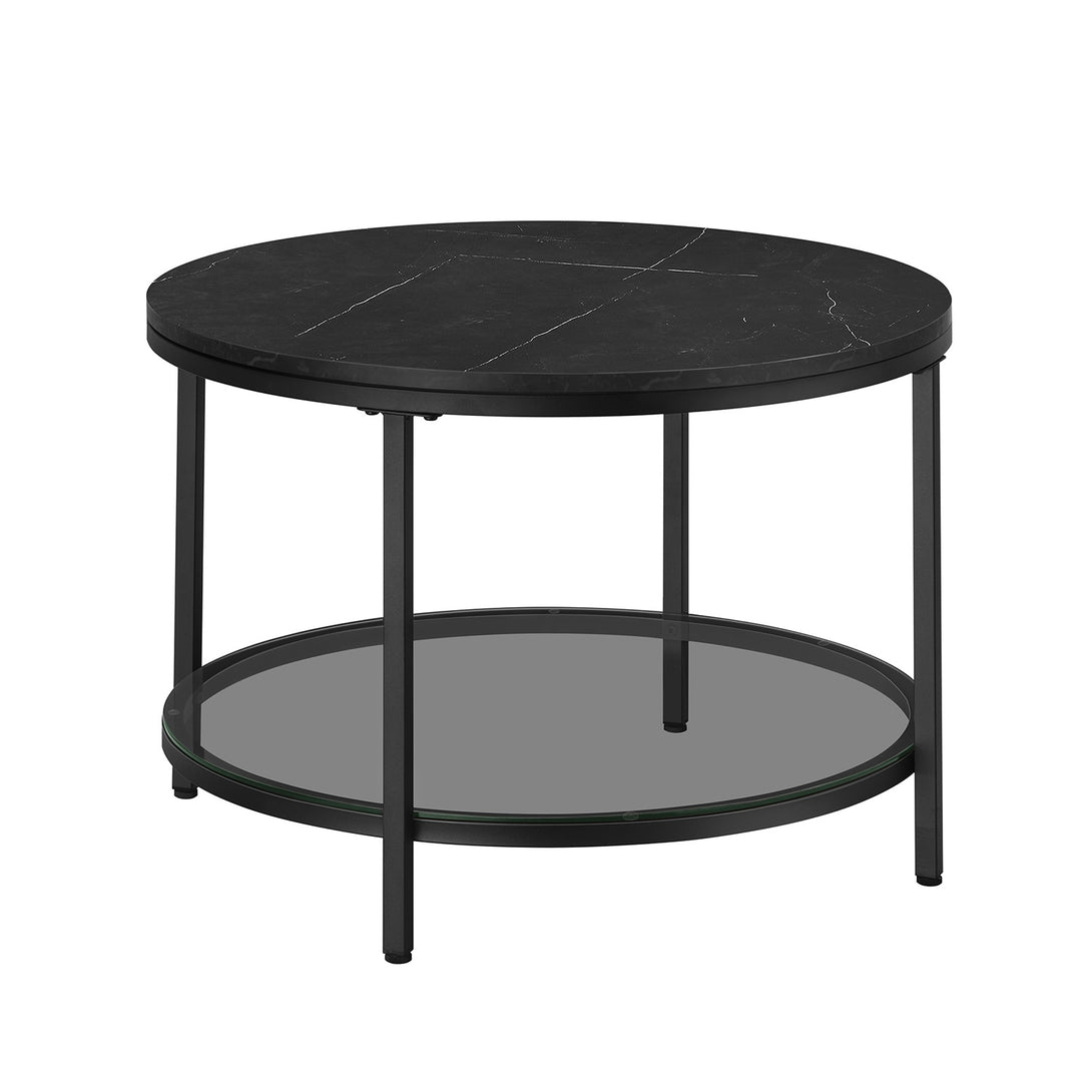 Masă de cafea, marmură artificială, rotundă, cu sticlă securizată, marmură neagră/negru cerneală