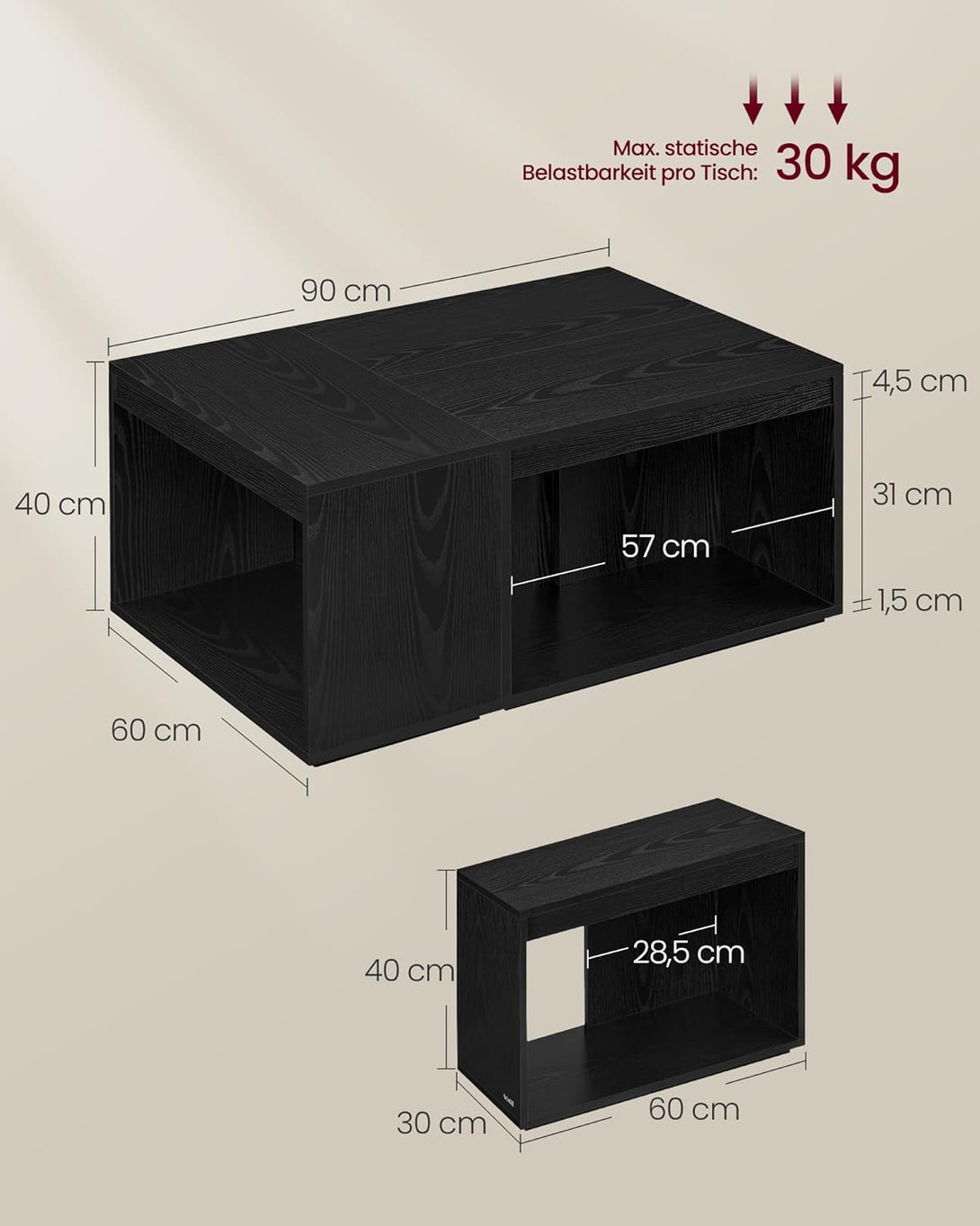 Masuta de cafea ,alcatuit din 3 buc , dreptunghiular, reglabil , negru