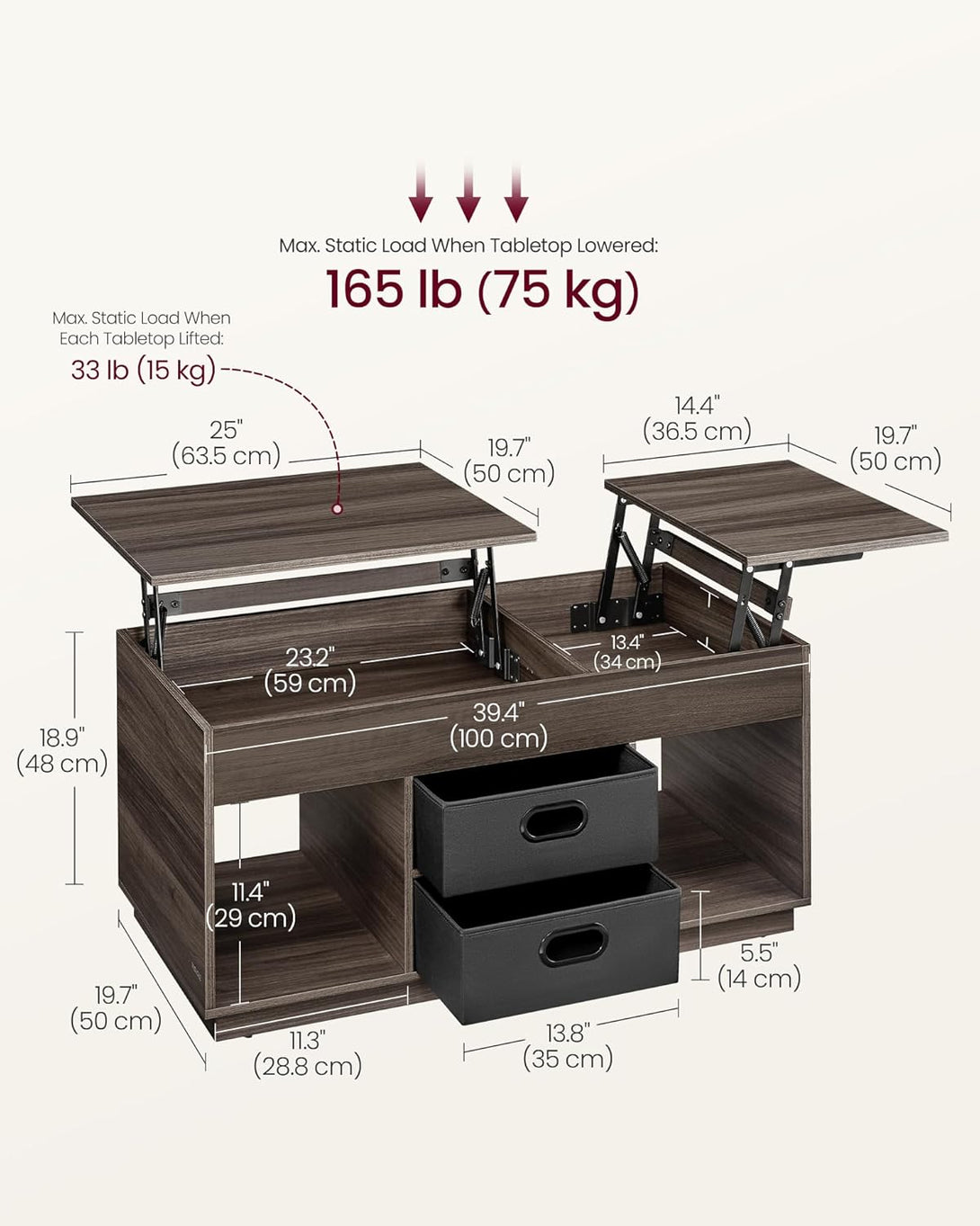 Masuta de cafea cu 2 sertare si compartimente ascunse , maro