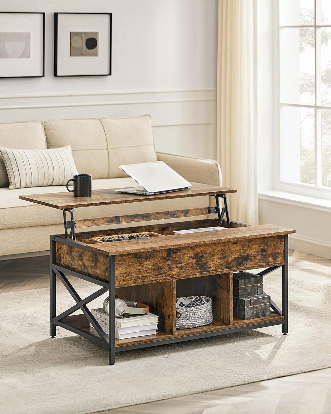 Masuta de cafea, masuta plianta pentru living 60 x 100 x (48-62) cm, maro rustic