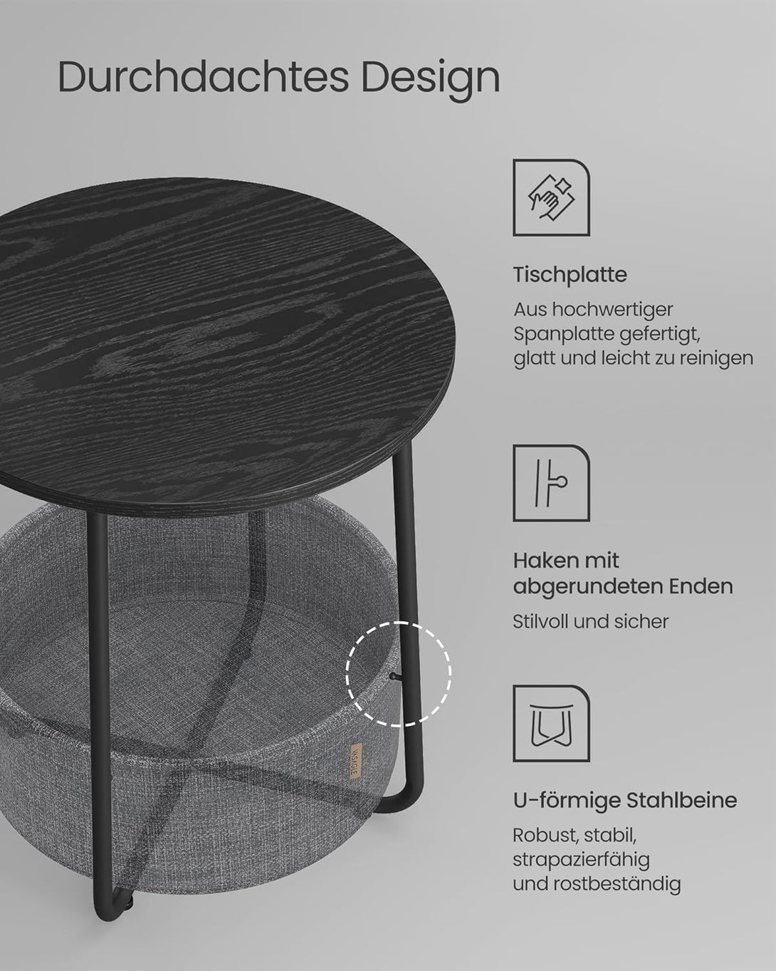 Masuta de cafea rotunda, masuta mica, 45 x 50 cm (Ø x M), negru-gri