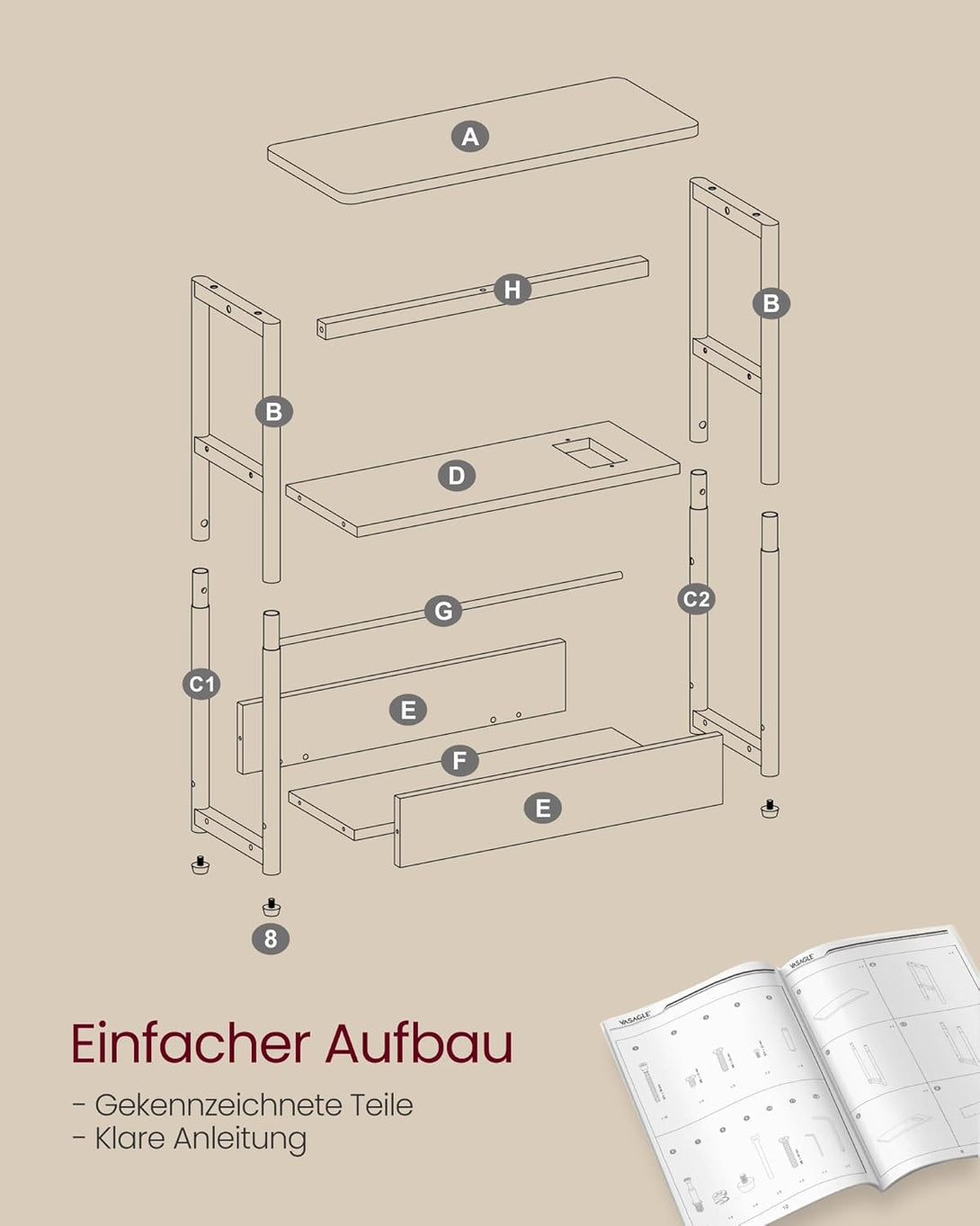 Masuta laterala ingusta cu functie de umplere, 3 rafturi, 18 × 45 × 58 cm, alb crem
