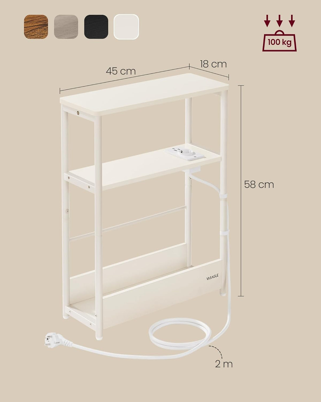 Masuta laterala ingusta cu functie de umplere, 3 rafturi, 18 × 45 × 58 cm, alb crem