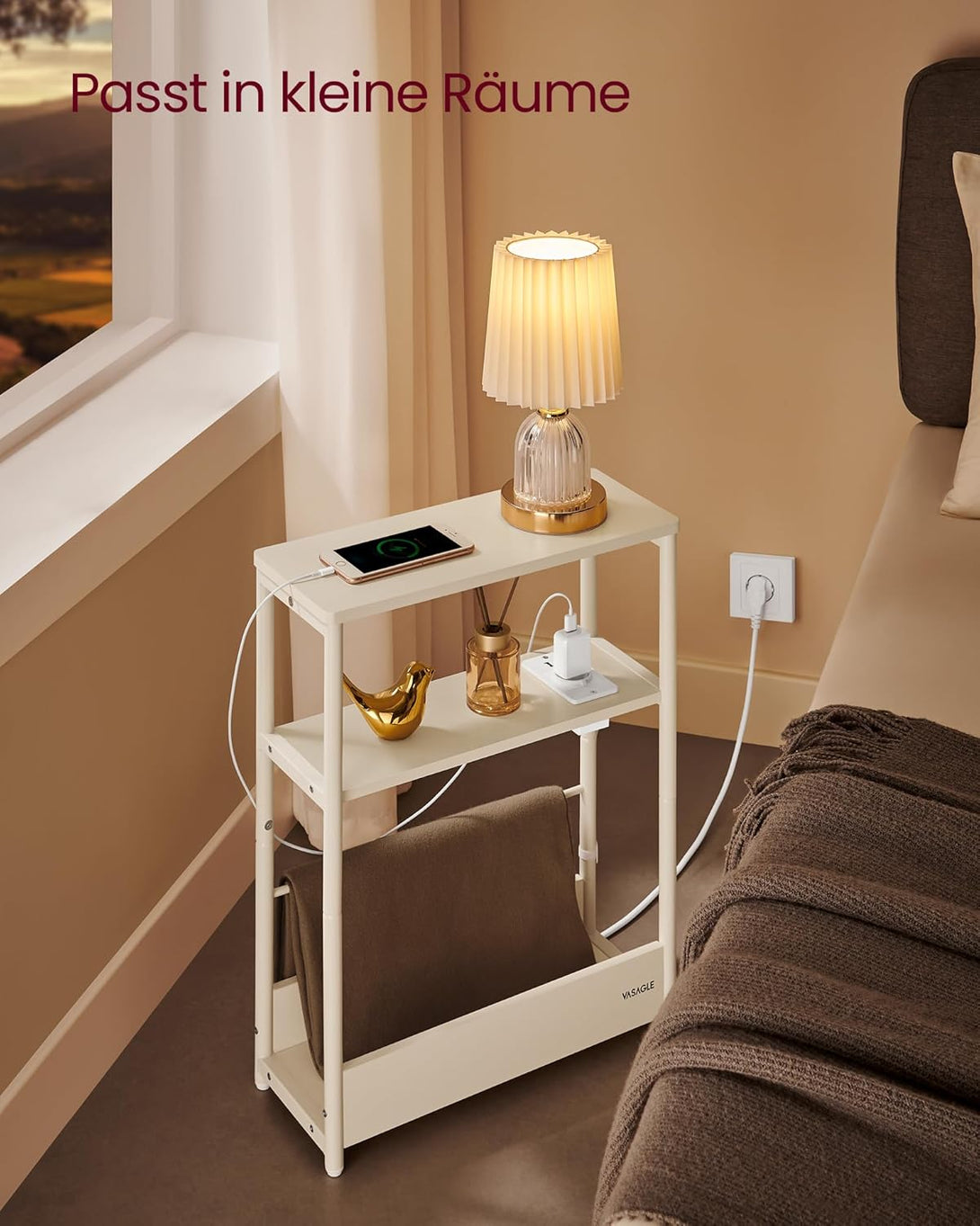 Masuta laterala ingusta cu functie de umplere, 3 rafturi, 18 × 45 × 58 cm, alb crem