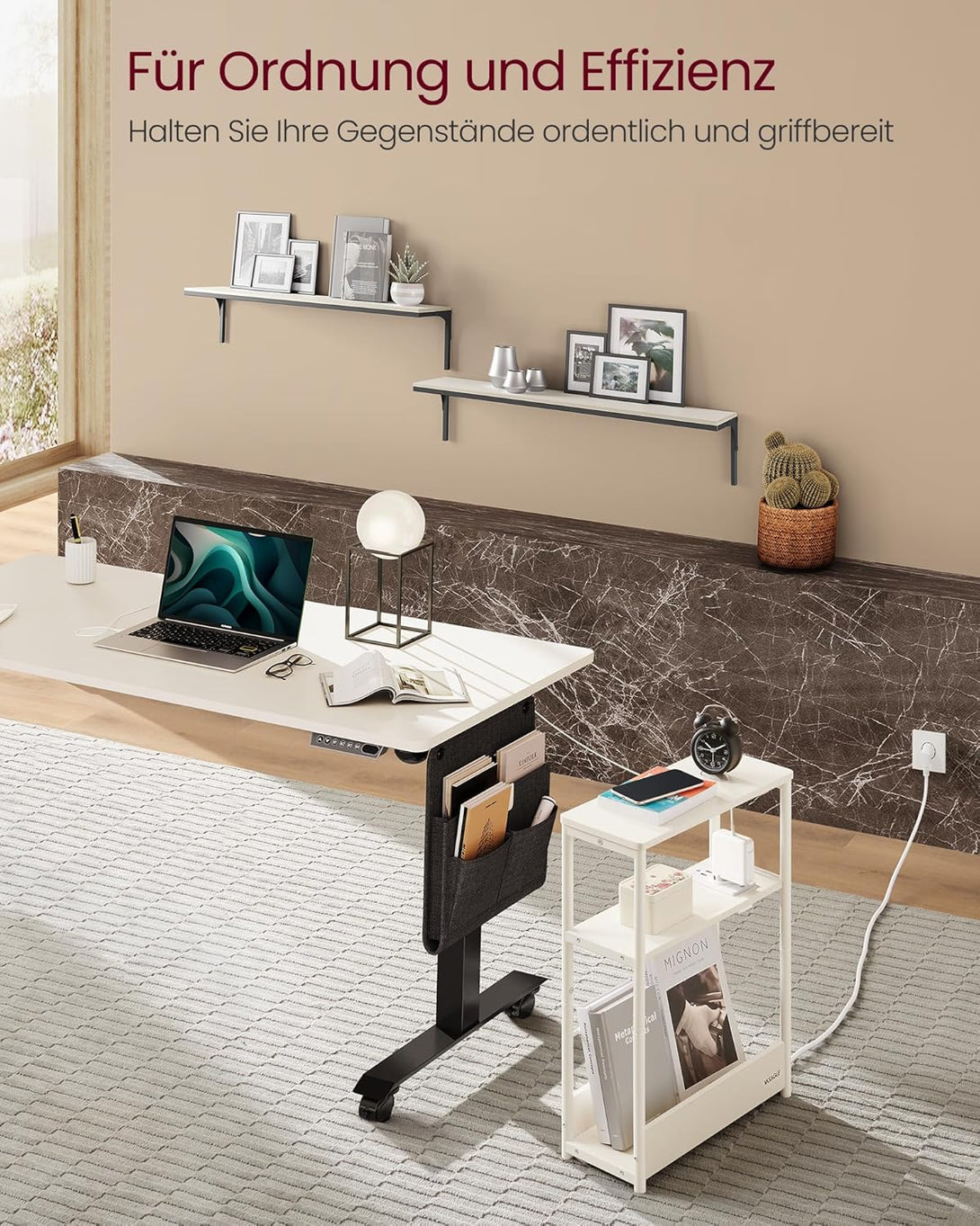 Masuta laterala ingusta cu functie de umplere, 3 rafturi, 18 × 45 × 58 cm, alb crem