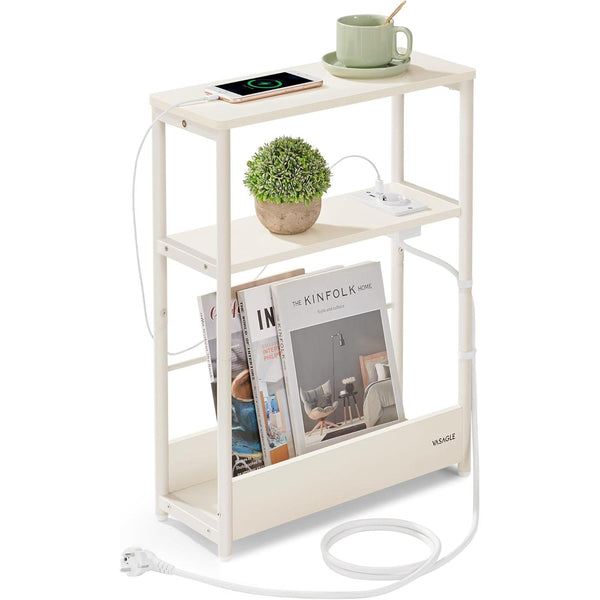 Masuta laterala ingusta cu functie de umplere, 3 rafturi, 18 × 45 × 58 cm, alb crem