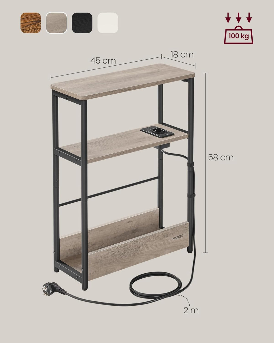 Masuta laterala ingusta cu functie de umplere 3 rafturi, 18 x 45 x 58 cm, gri cu picioare negre