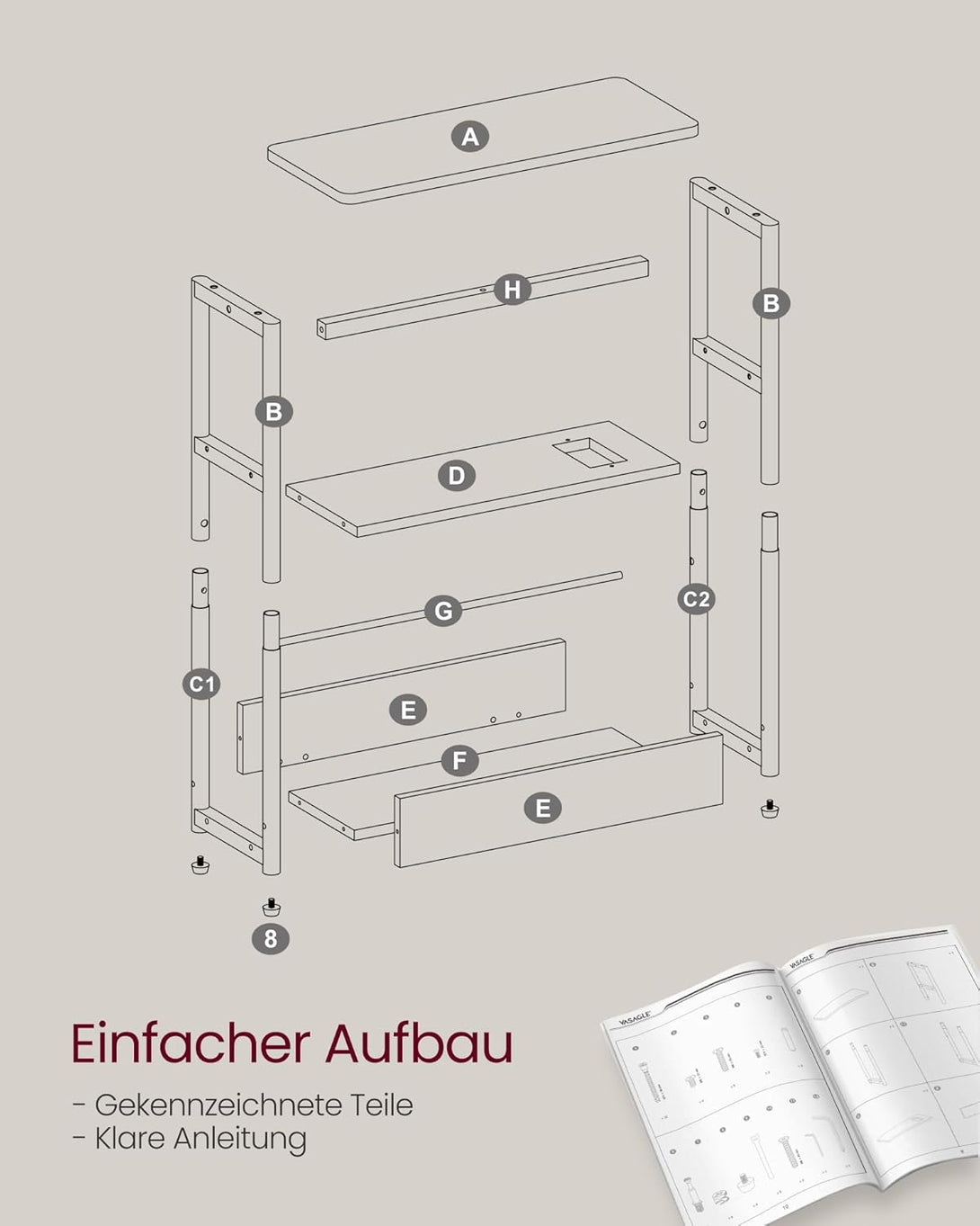 Masuta laterala ingusta cu functie de umplere 3 rafturi, 18 x 45 x 58 cm, gri cu picioare negre