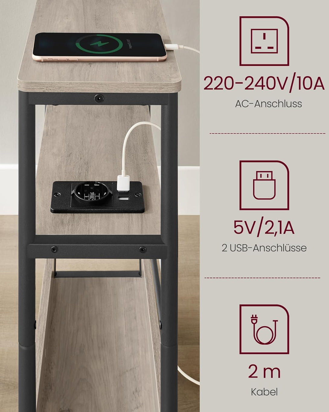 Masuta laterala ingusta cu functie de umplere 3 rafturi, 18 x 45 x 58 cm, gri cu picioare negre