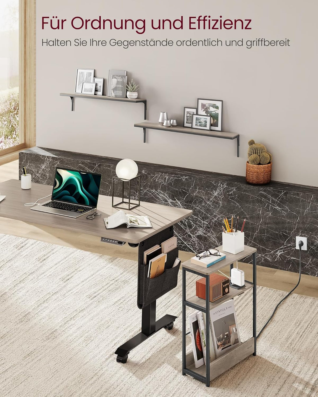 Masuta laterala ingusta cu functie de umplere 3 rafturi, 18 x 45 x 58 cm, gri cu picioare negre