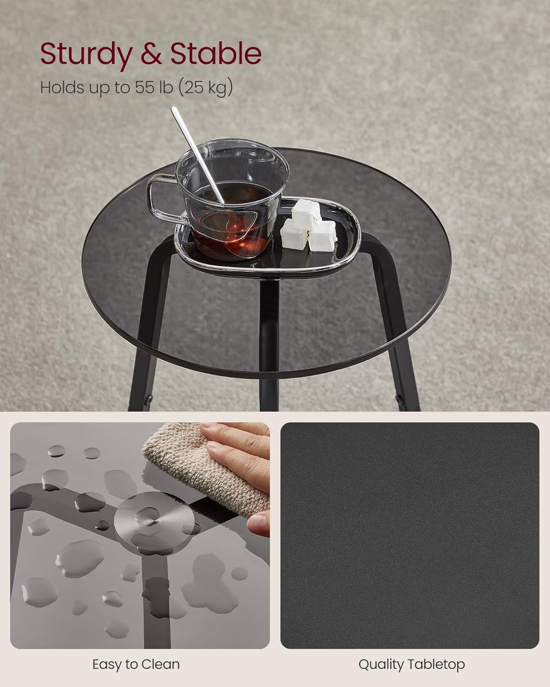 Masuta rotund , cu 2 niveluri , stil modern , blat din sticla , gri