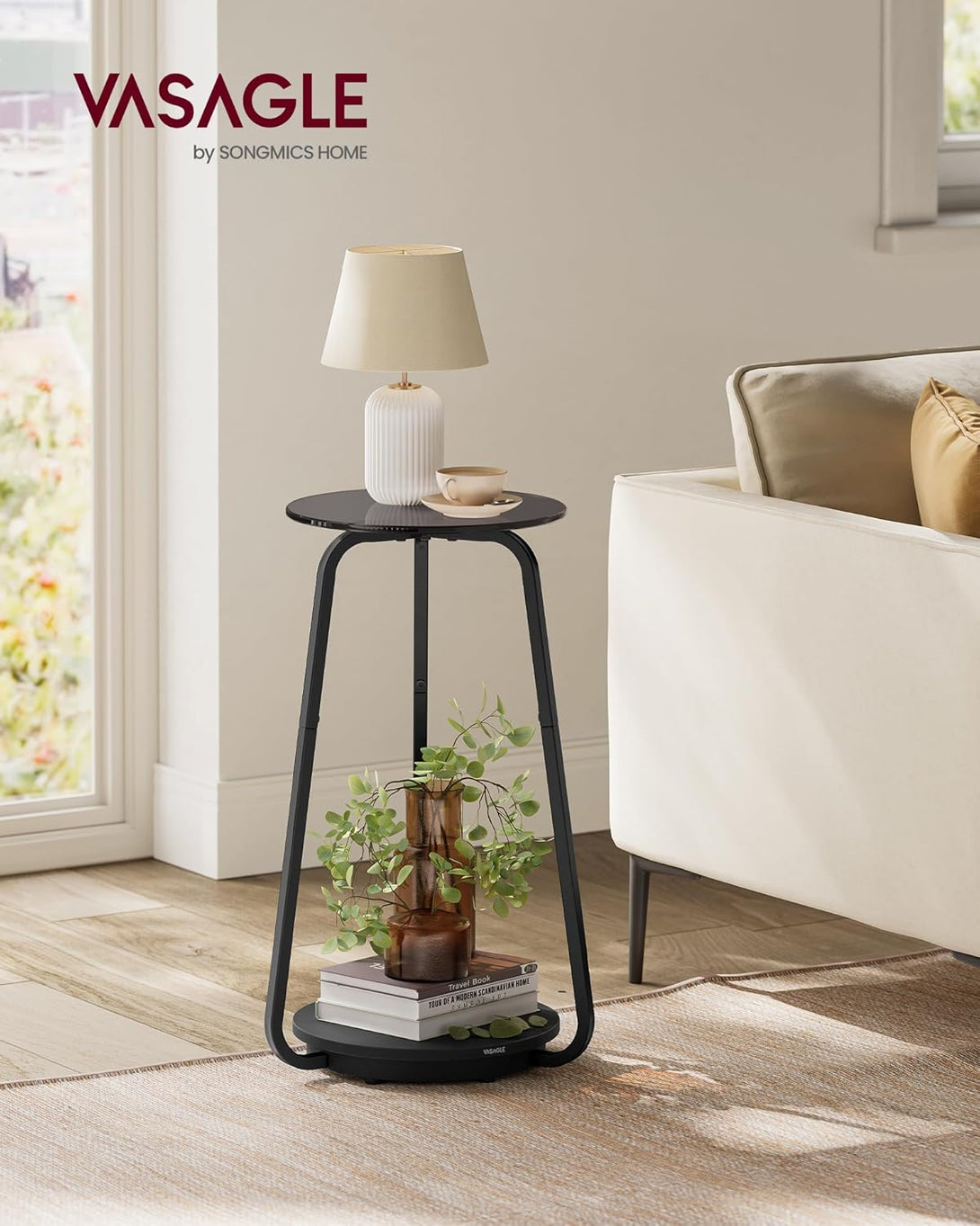 Masuta rotund , cu 2 niveluri , stil modern , blat din sticla , gri