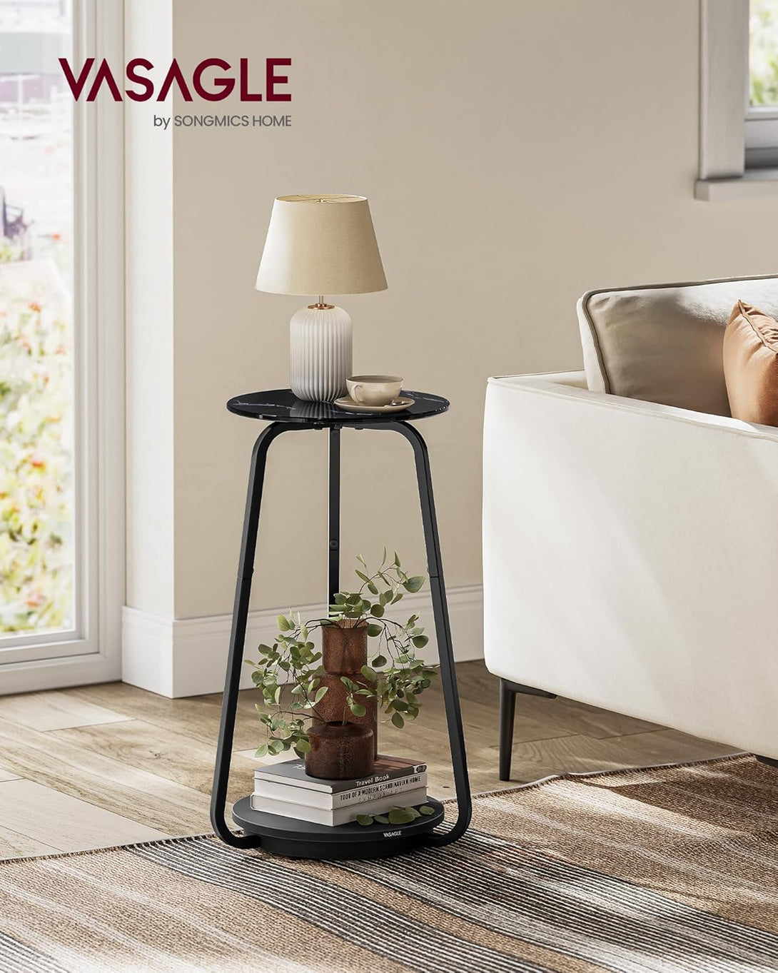 Masuta rotunda , cu 2 niveluri , blat din sticla , stil modern , marmura neagra