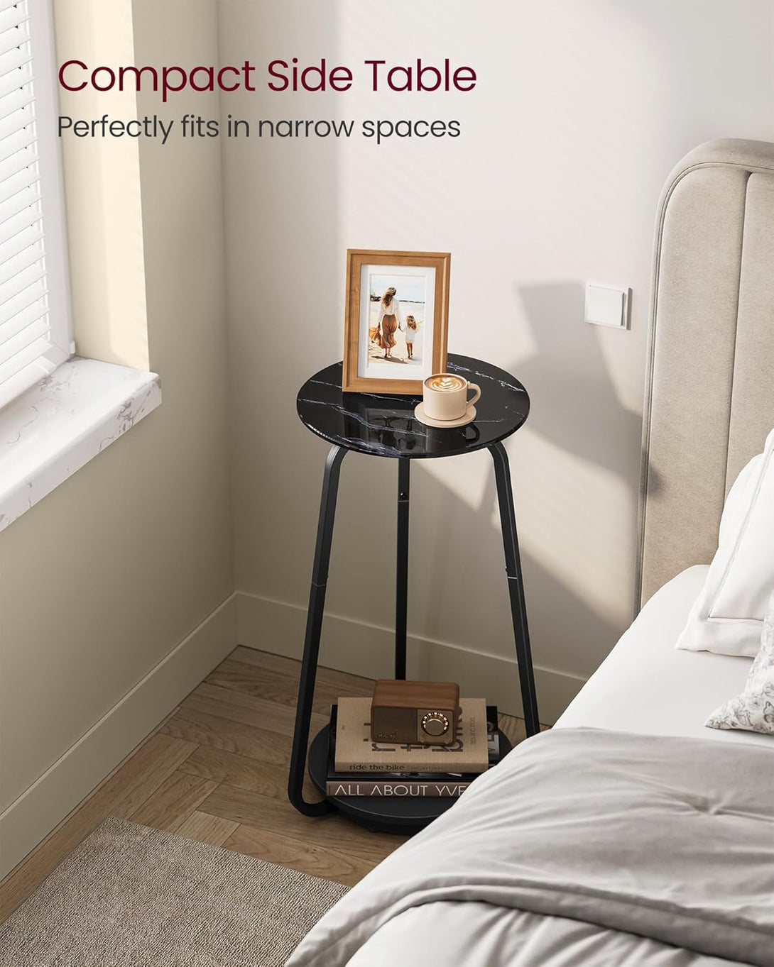 Masuta rotunda , cu 2 niveluri , blat din sticla , stil modern , marmura neagra