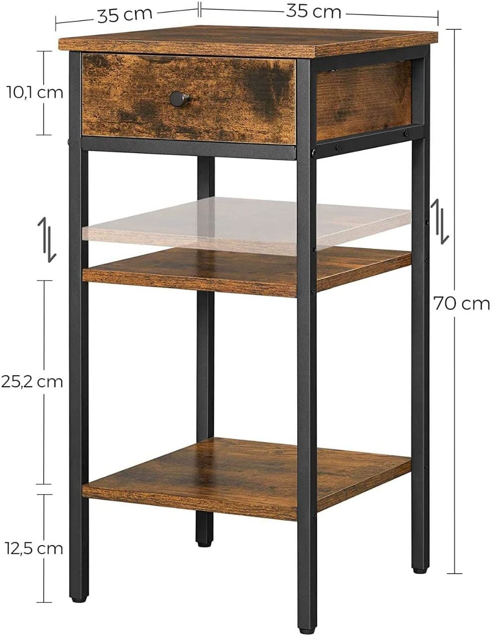 Noptiera cu sertar si 2 rafturi depozitare, rustic maro si negru