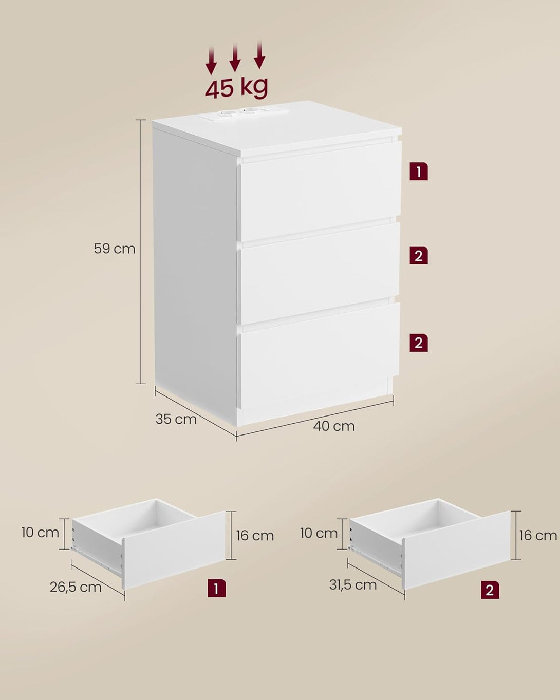 Noptiera , masa laterala cu 3 sertare , 2 prize AC , 2 porturi USB , modern , alb