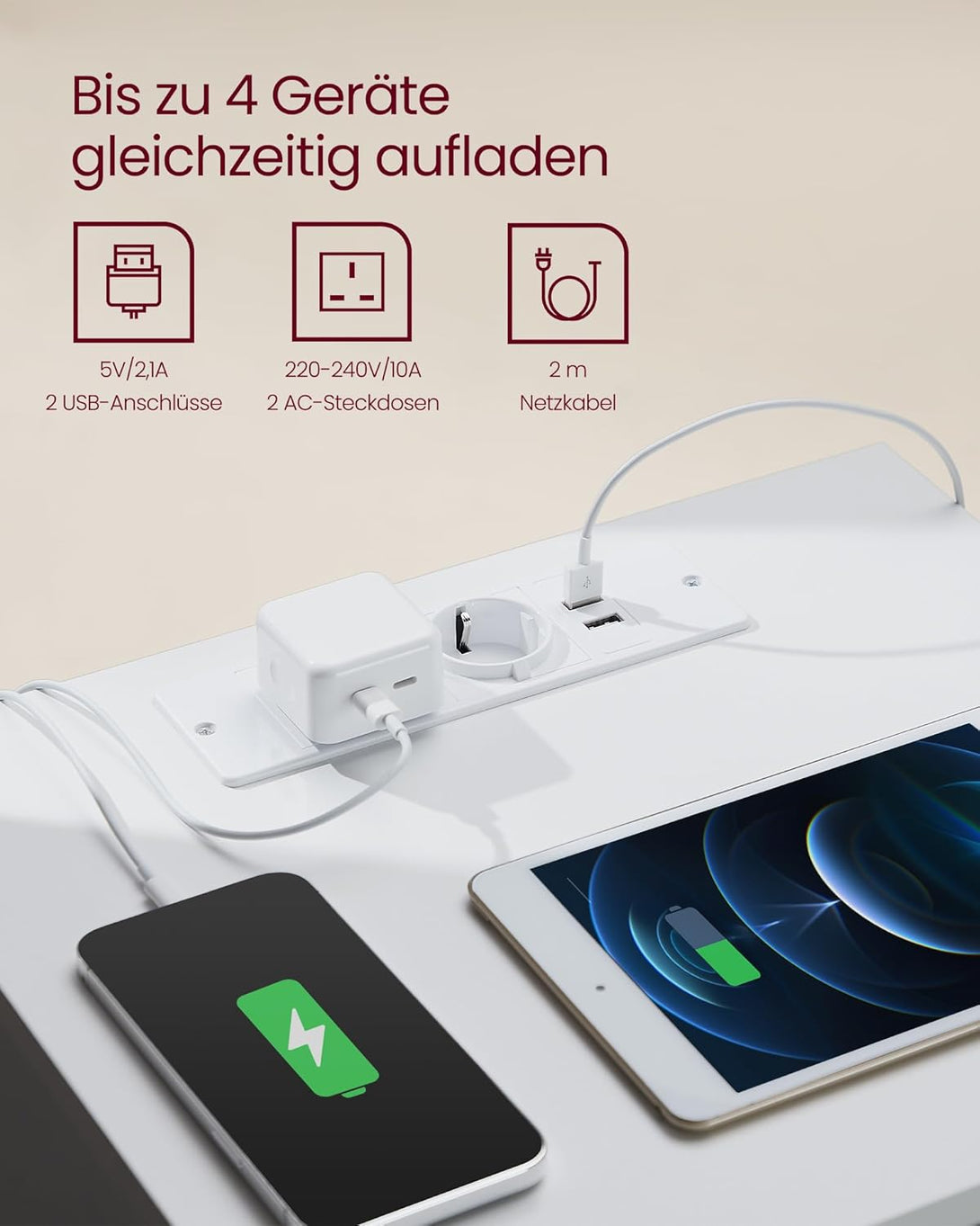 Noptiera , masa laterala cu 3 sertare , 2 prize AC , 2 porturi USB , modern , alb