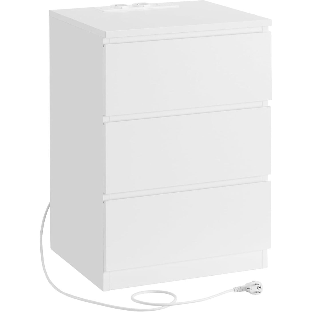 Noptiera , masa laterala cu 3 sertare , 2 prize AC , 2 porturi USB , modern , alb