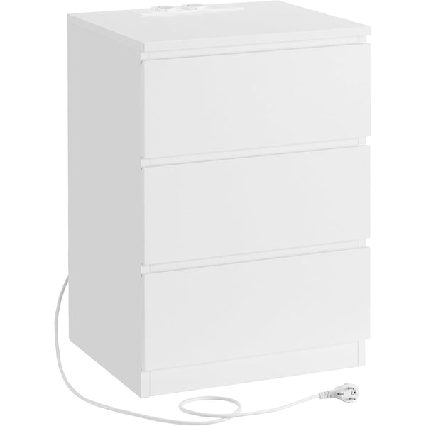 Noptiera , masa laterala cu 3 sertare , 2 prize AC , 2 porturi USB , modern , alb