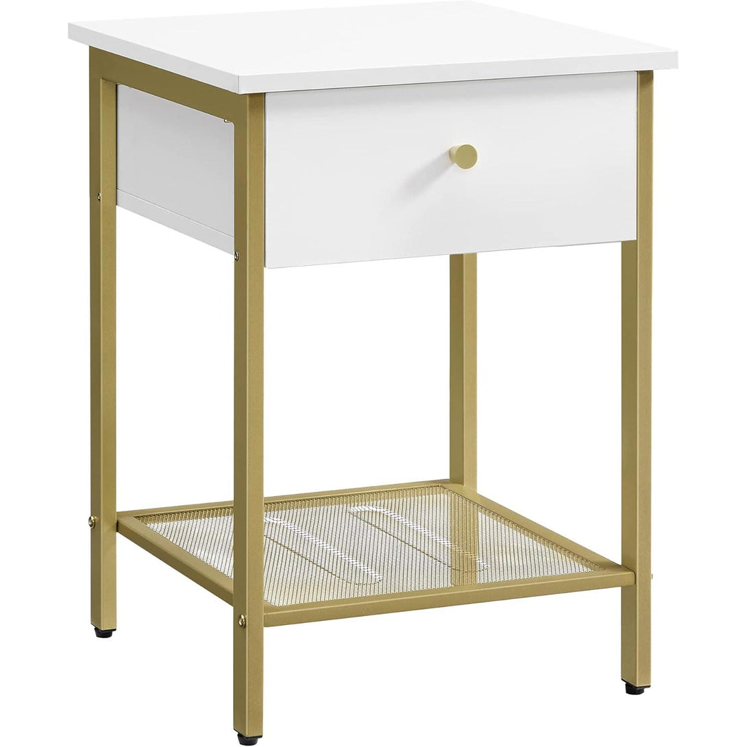 Noptiera moderna cu sertar si raft cu zabrele 40×40×55 cm alb-auriu