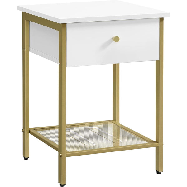 Noptiera moderna cu sertar si raft cu zabrele 40×40×55 cm alb-auriu
