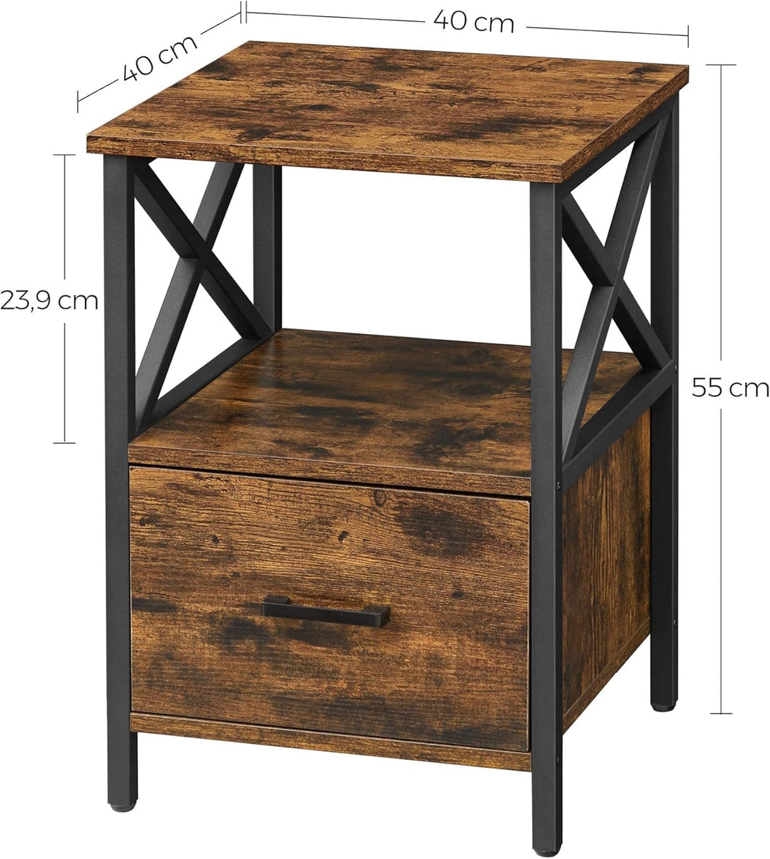 Noptiera, raft deschis si design sertar, 40×40×55 cm, rustic maro-negru