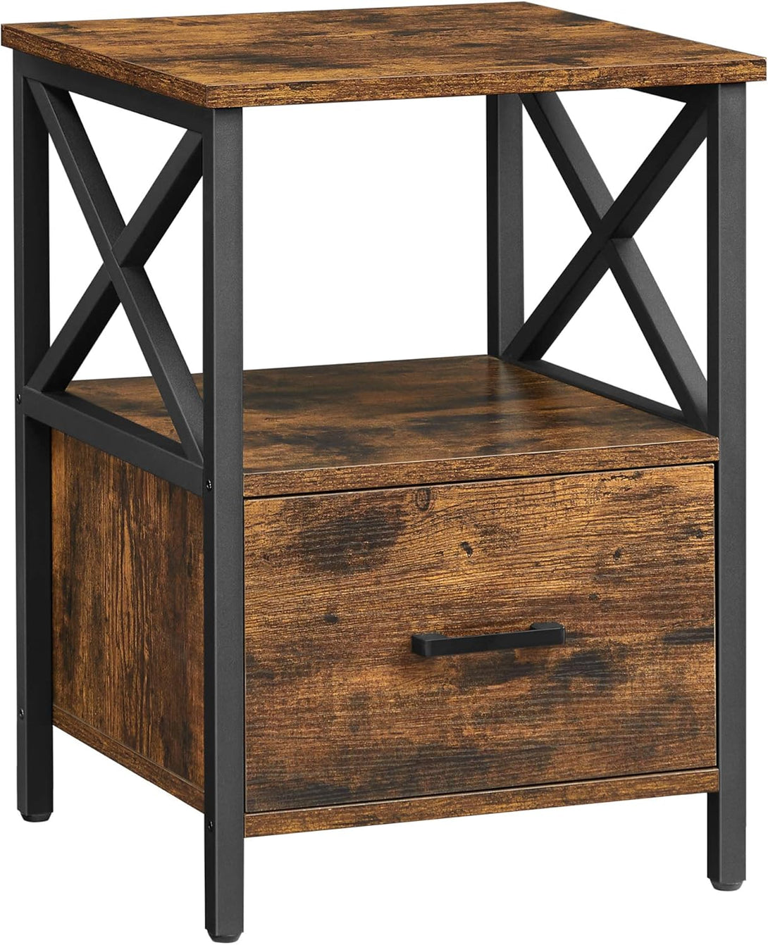 Noptiera, raft deschis si design sertar, 40×40×55 cm, rustic maro-negru
