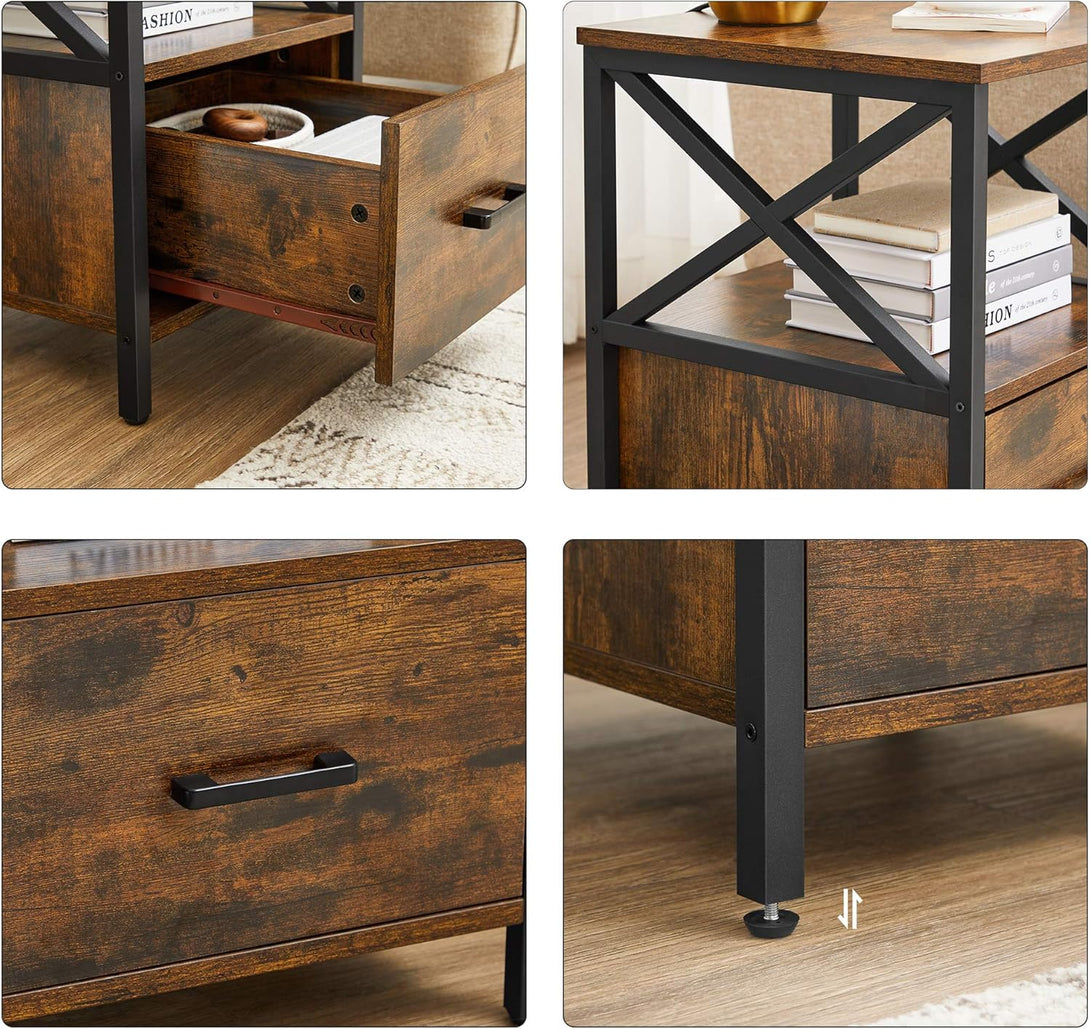 Noptiera, raft deschis si design sertar, 40×40×55 cm, rustic maro-negru