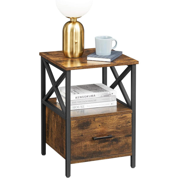 Noptiera, raft deschis si design sertar, 40×40×55 cm, rustic maro-negru