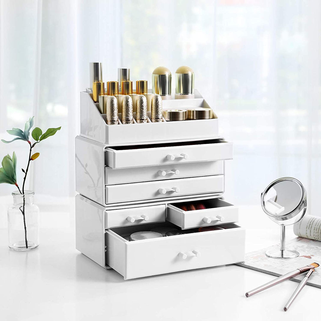 Organizator de machiaj din acril, organizator de machiaj cu 6 sertare 24 x 30 x 13,5 cm, alb